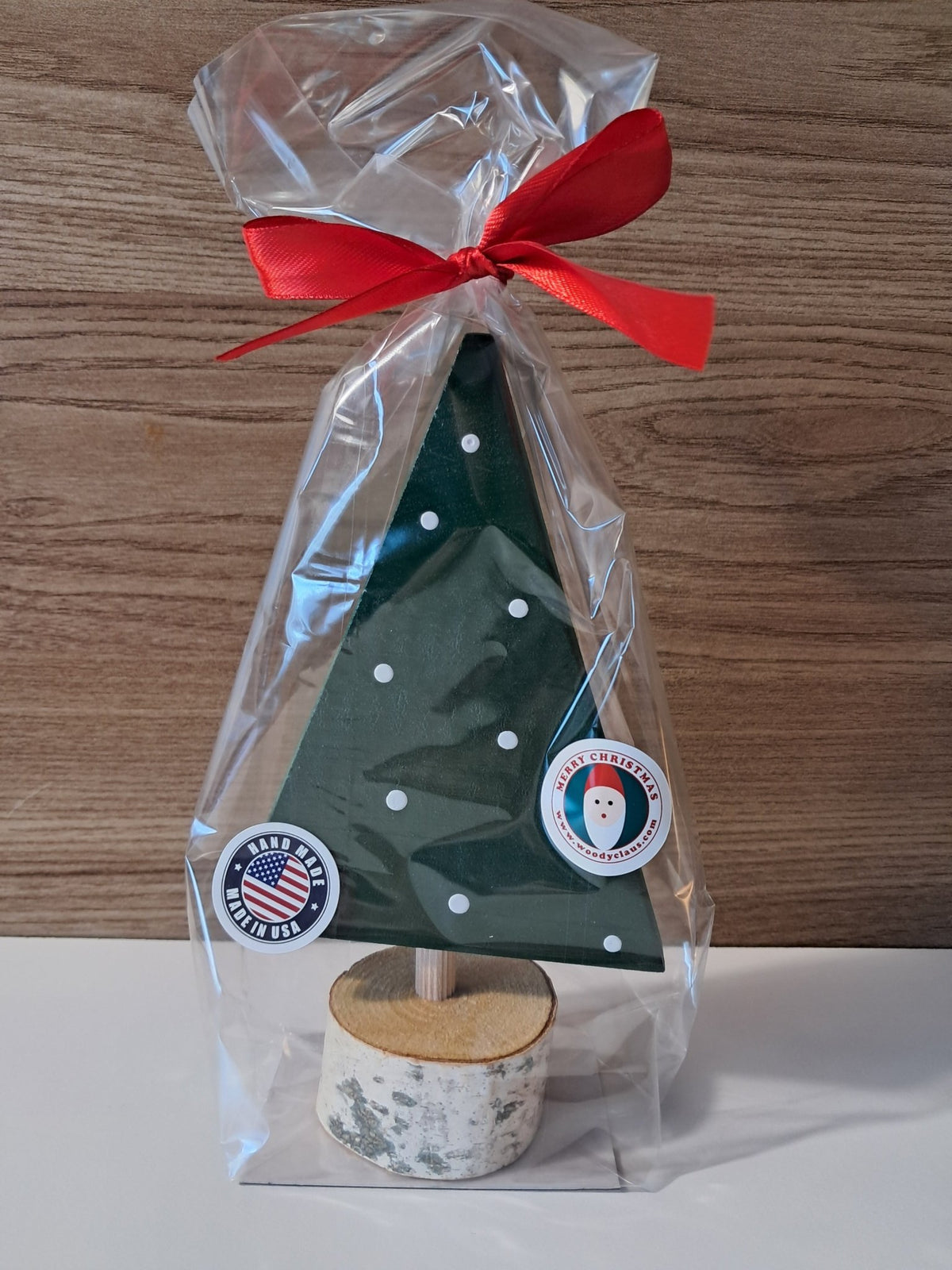 Small wooden Christmas tree, handcrafted holiday decoration